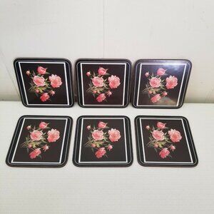 6 Pimpernel Coasters 4 in Square Black Pink Roses Cork Backed Home Decor MCM‎